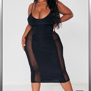 prettylittlething Plus Black Panelled Mesh Slinky Midi Dress